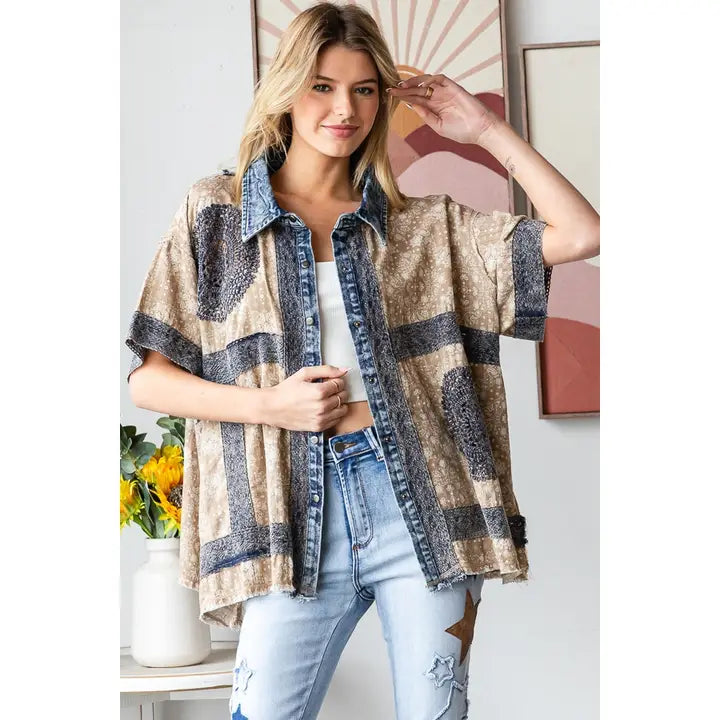 Washed Crochet Patch / Lace Button Down
