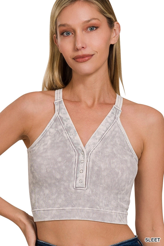 Washed Seamless Ribbed Snap Button Bralette