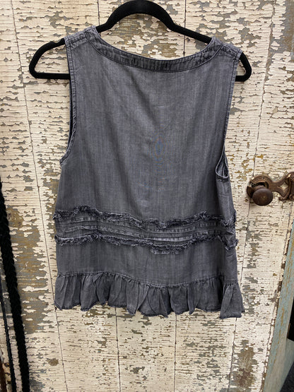 Chambray Vest with Tiered Ruffles