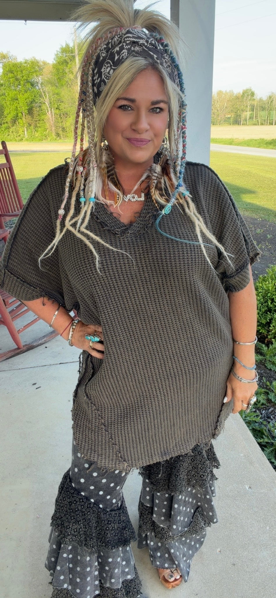 WAFFLE SHORT SLEEVE V-NECK TUNIC TOP