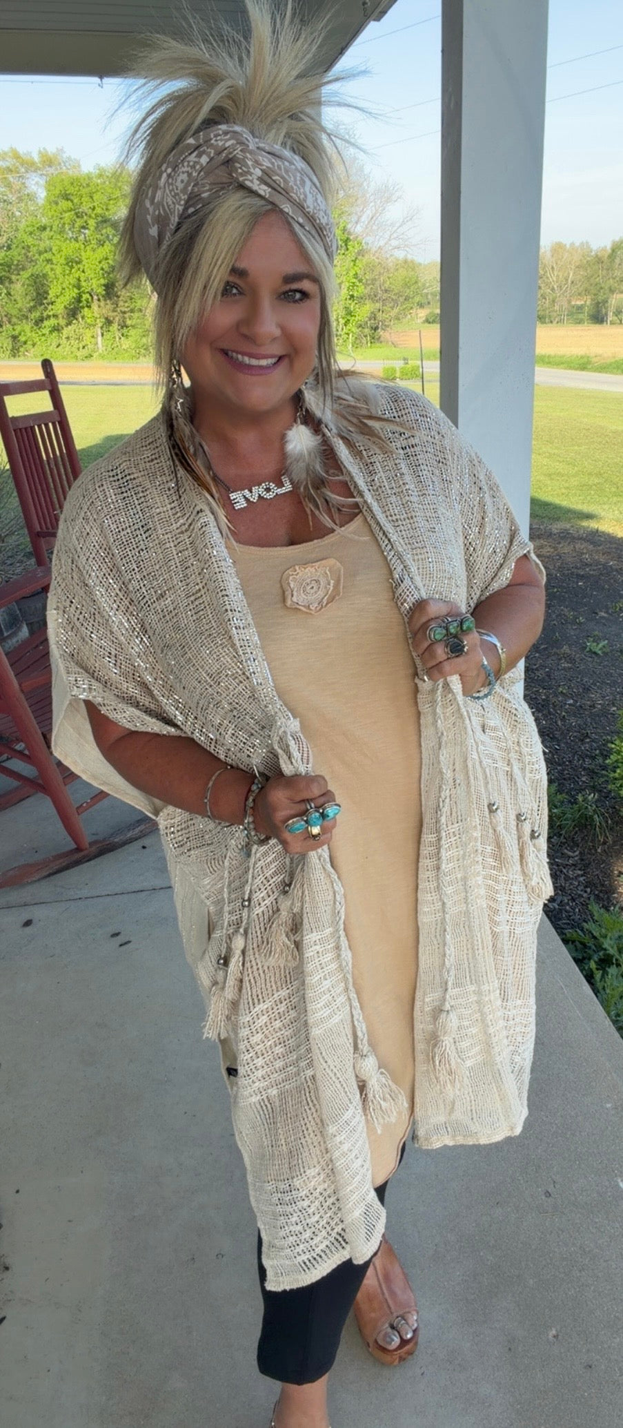 Boho Cotton Short Sleeve Sequin Tassel Midi Cardigan