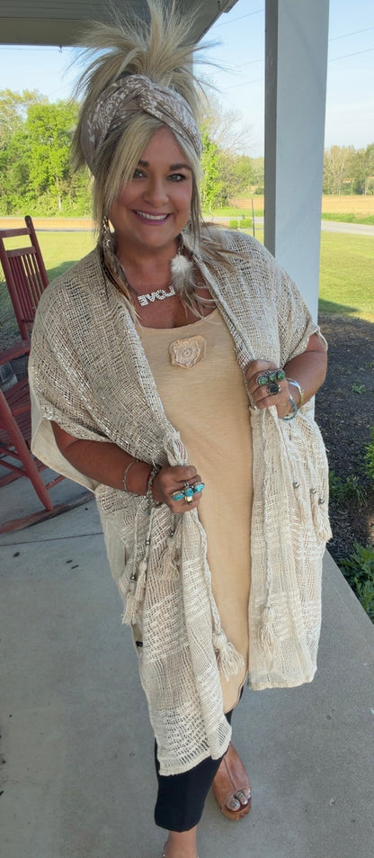 Boho Cotton Short Sleeve Sequin Tassel Midi Cardigan