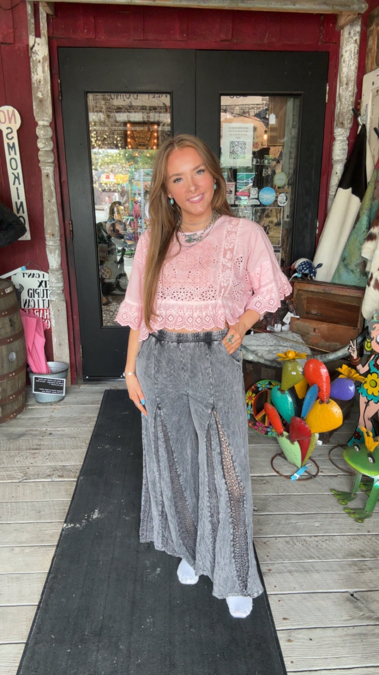 Boho Pants - Mineral Washed Lace Flare Hippie