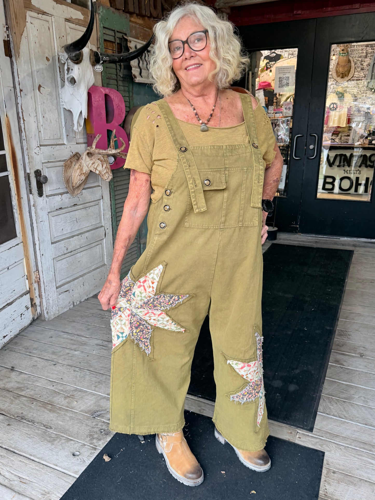 Sage Patchwork Bib overalls