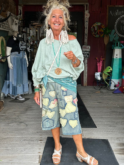 Patchwork Mineral Wash Denim Bermuda Shorts