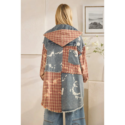 Washed Bleached Denim Plaid Button Front Shacket