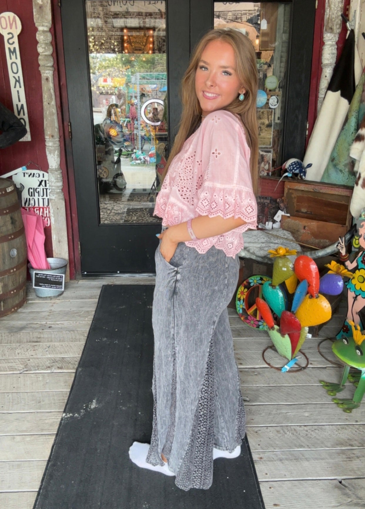 Boho Pants - Mineral Washed Lace Flare Hippie