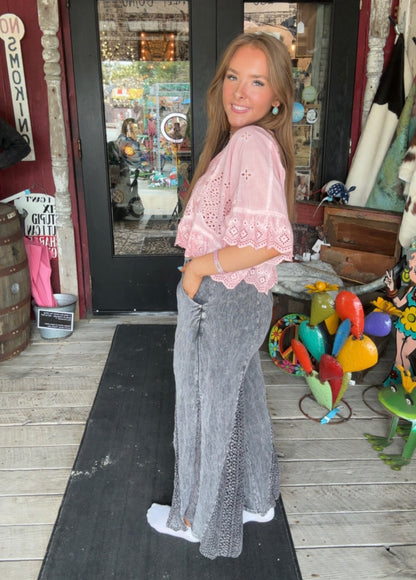 Boho Pants - Mineral Washed Lace Flare Hippie