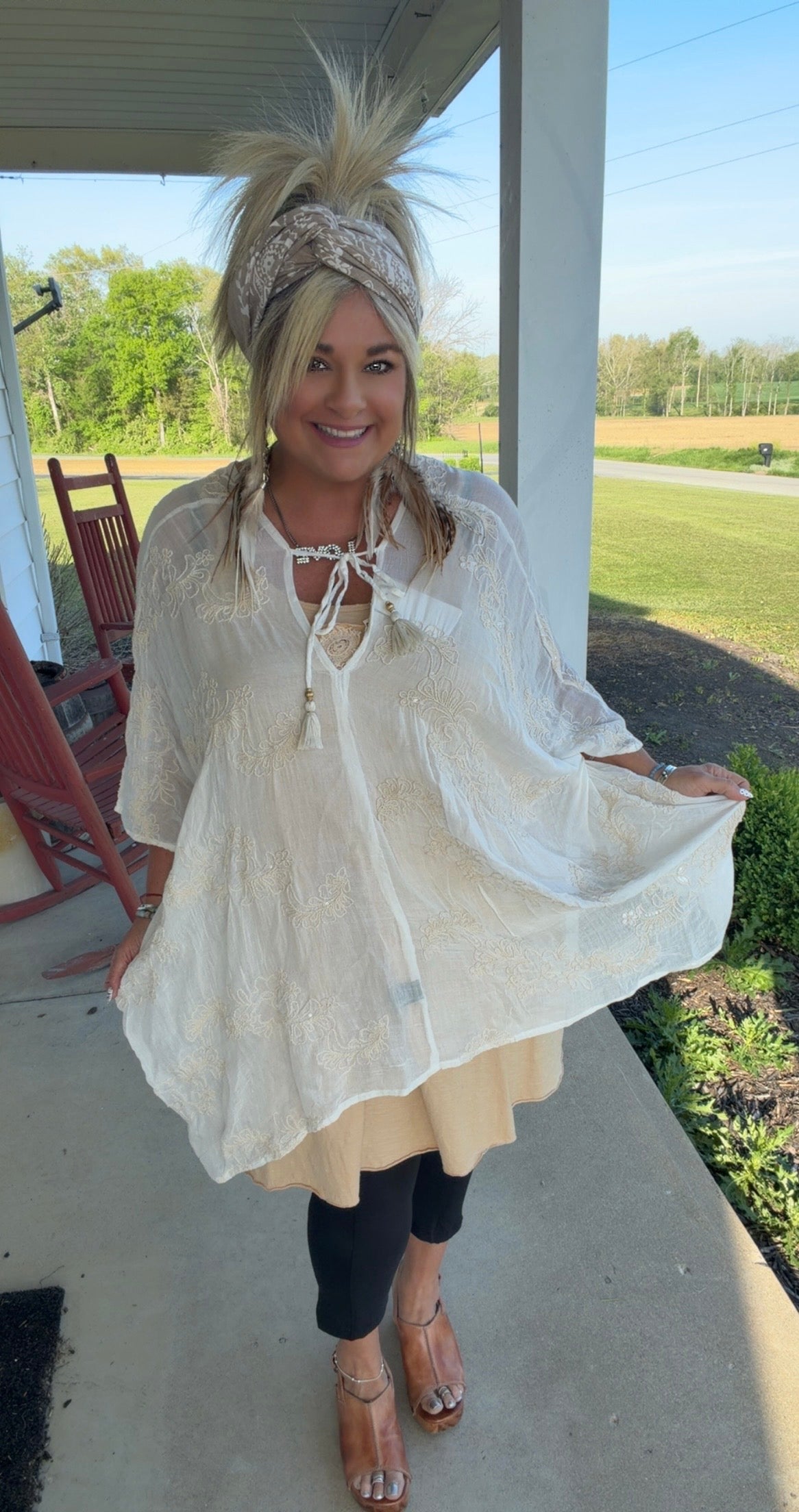 V-Neck 3/4 Sleeve Embroidered Kimono Top with Back Tassel