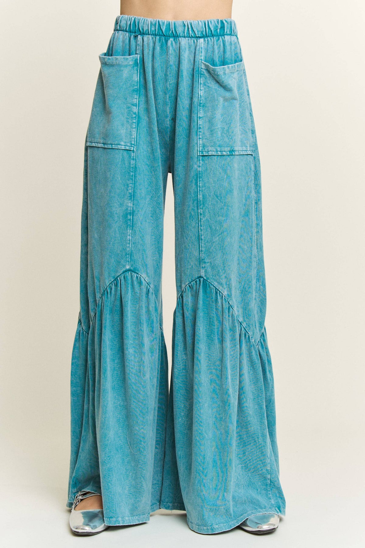 Boho Pants -Mineral Washed Pocket Wide Flare Pants