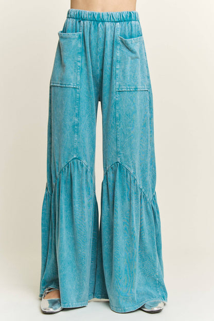 Boho Pants -Mineral Washed Pocket Wide Flare Pants
