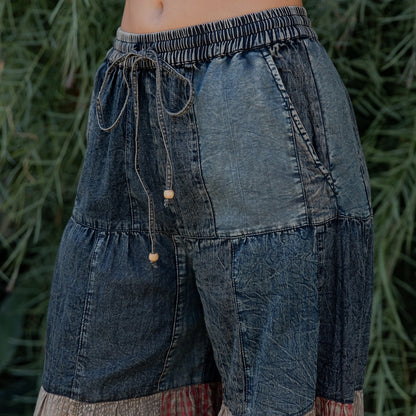 Boho Chic Tiered Patch Inserted Denim &Knit Pants