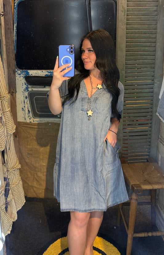 Denim Dress V neck