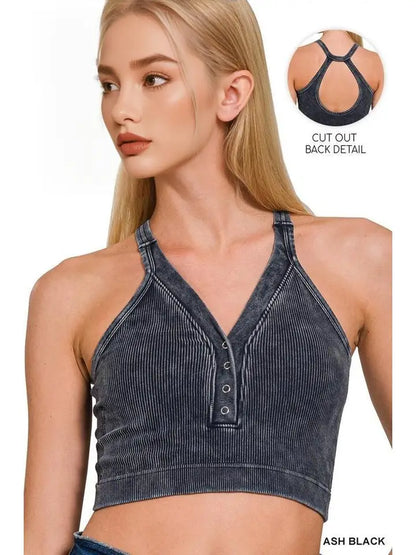 Washed Seamless Ribbed Snap Button Bralette