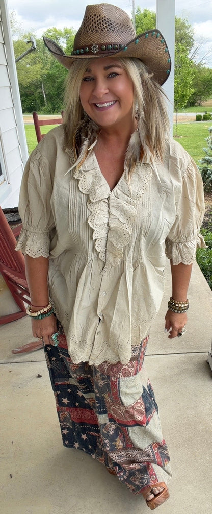 Eyelet Linen Top Cream