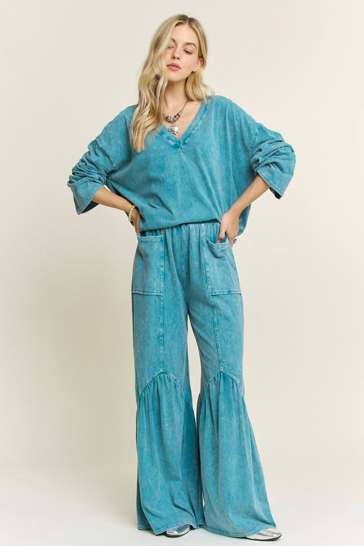 Boho Pants -Mineral Washed Pocket Wide Flare Pants