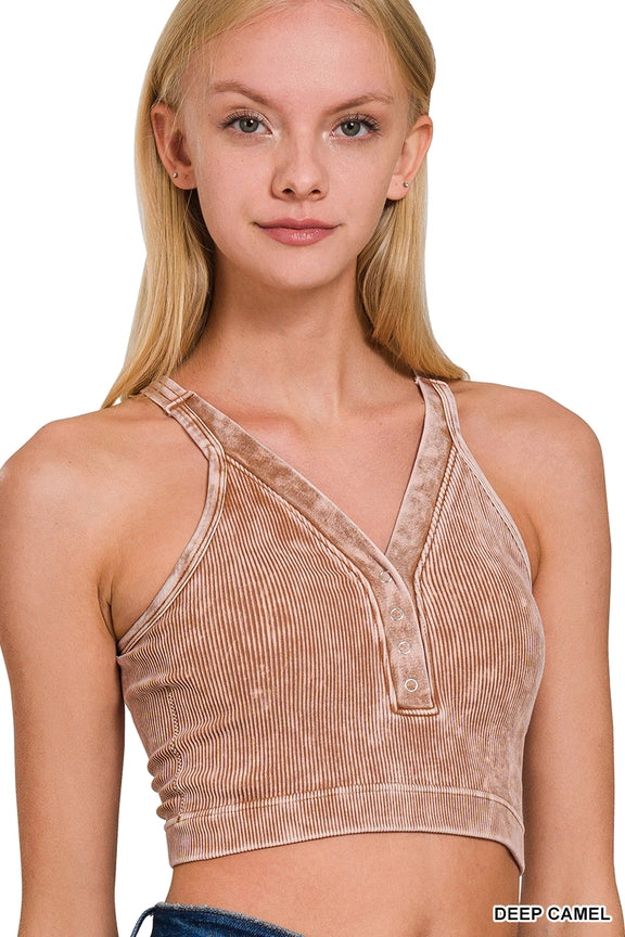 Washed Seamless Ribbed Snap Button Bralette