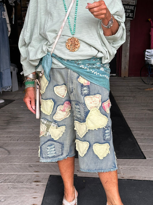 Patchwork Mineral Wash Denim Bermuda Shorts