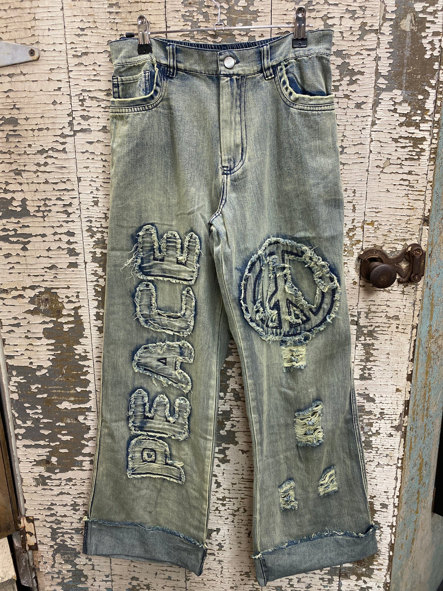 Distressed Patch Peace Denim Pants