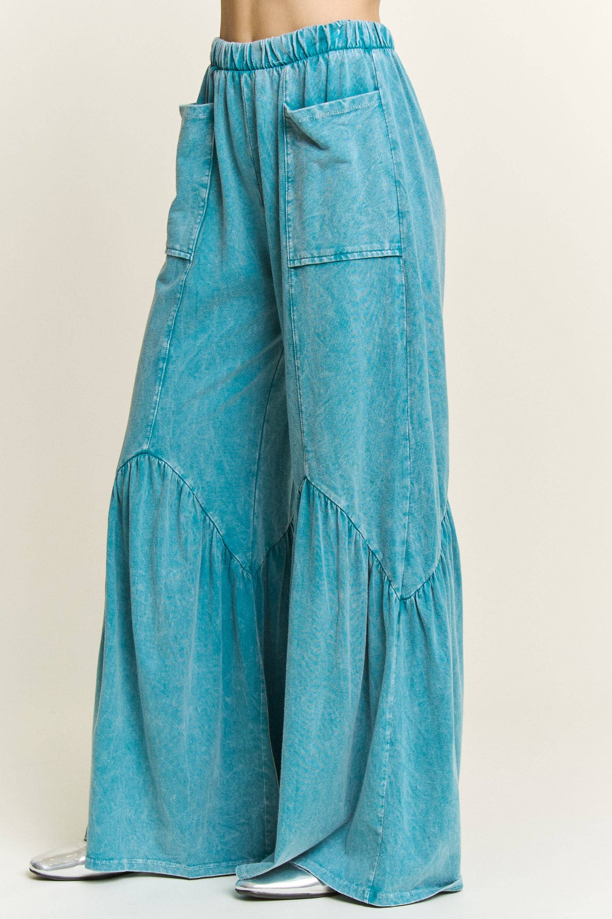 Boho Pants -Mineral Washed Pocket Wide Flare Pants