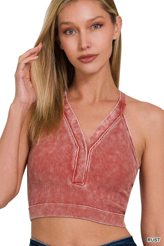 Washed Seamless Ribbed Snap Button Bralette