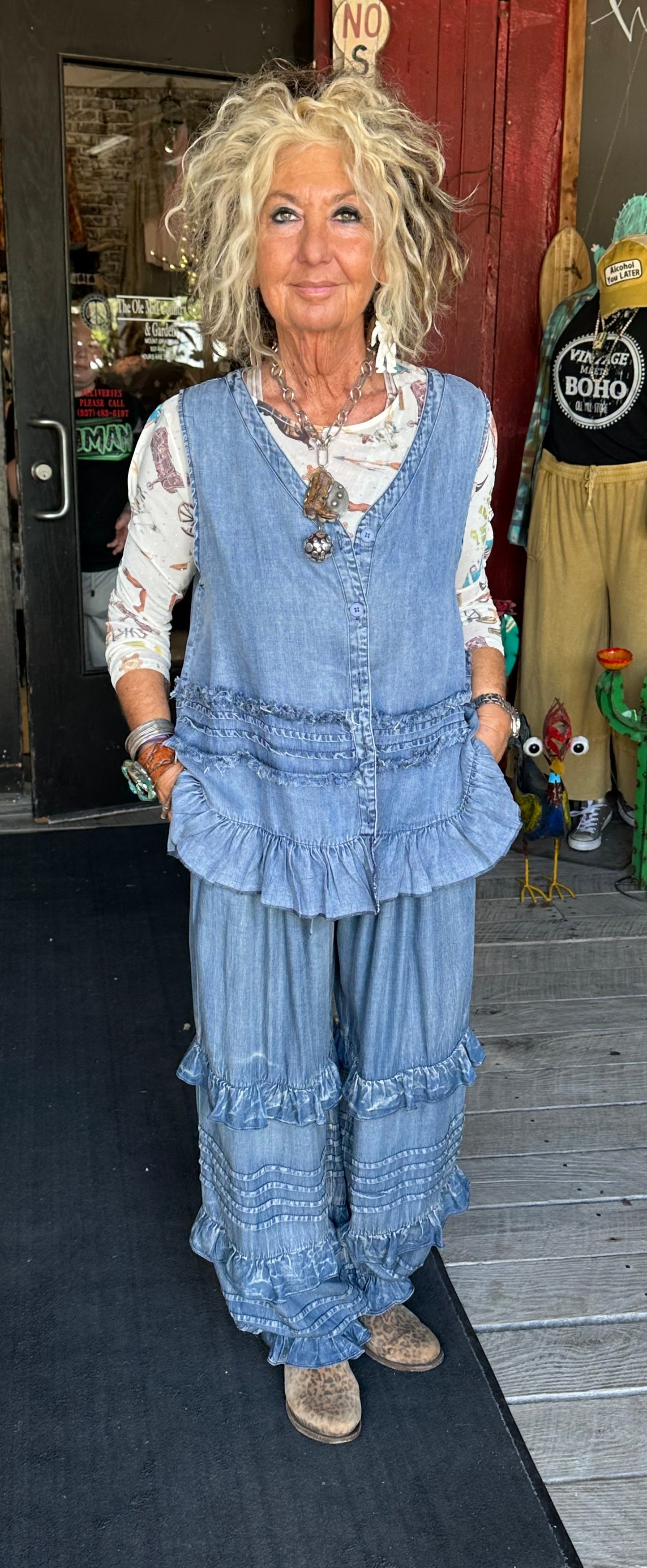 Chambray Vest with Tiered Ruffles