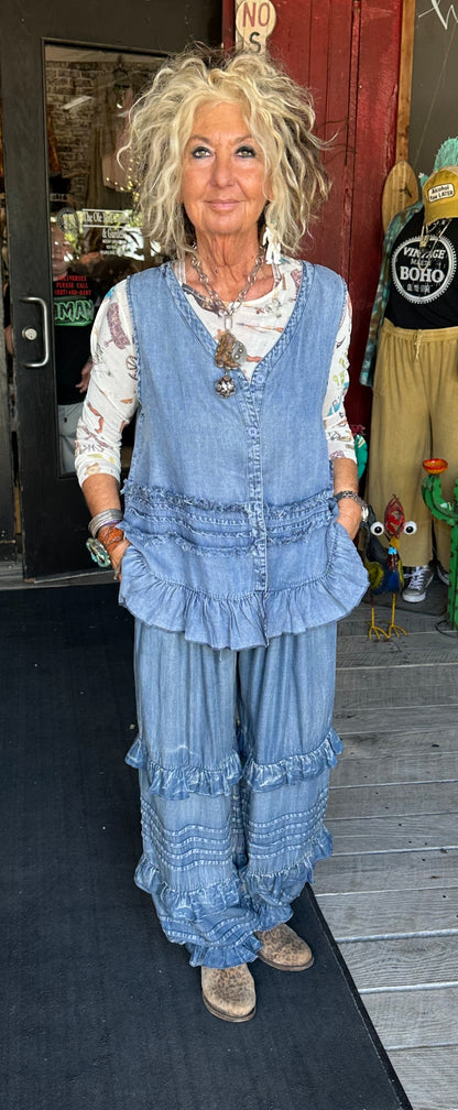 Chambray Vest with Tiered Ruffles
