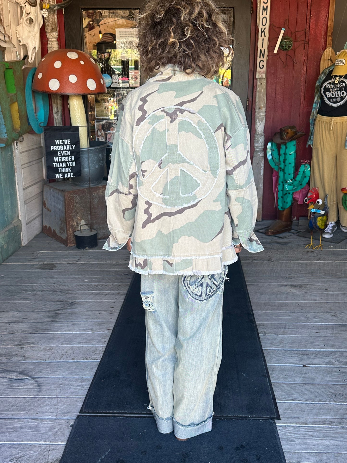 Distressed Patch Peace Denim Pants