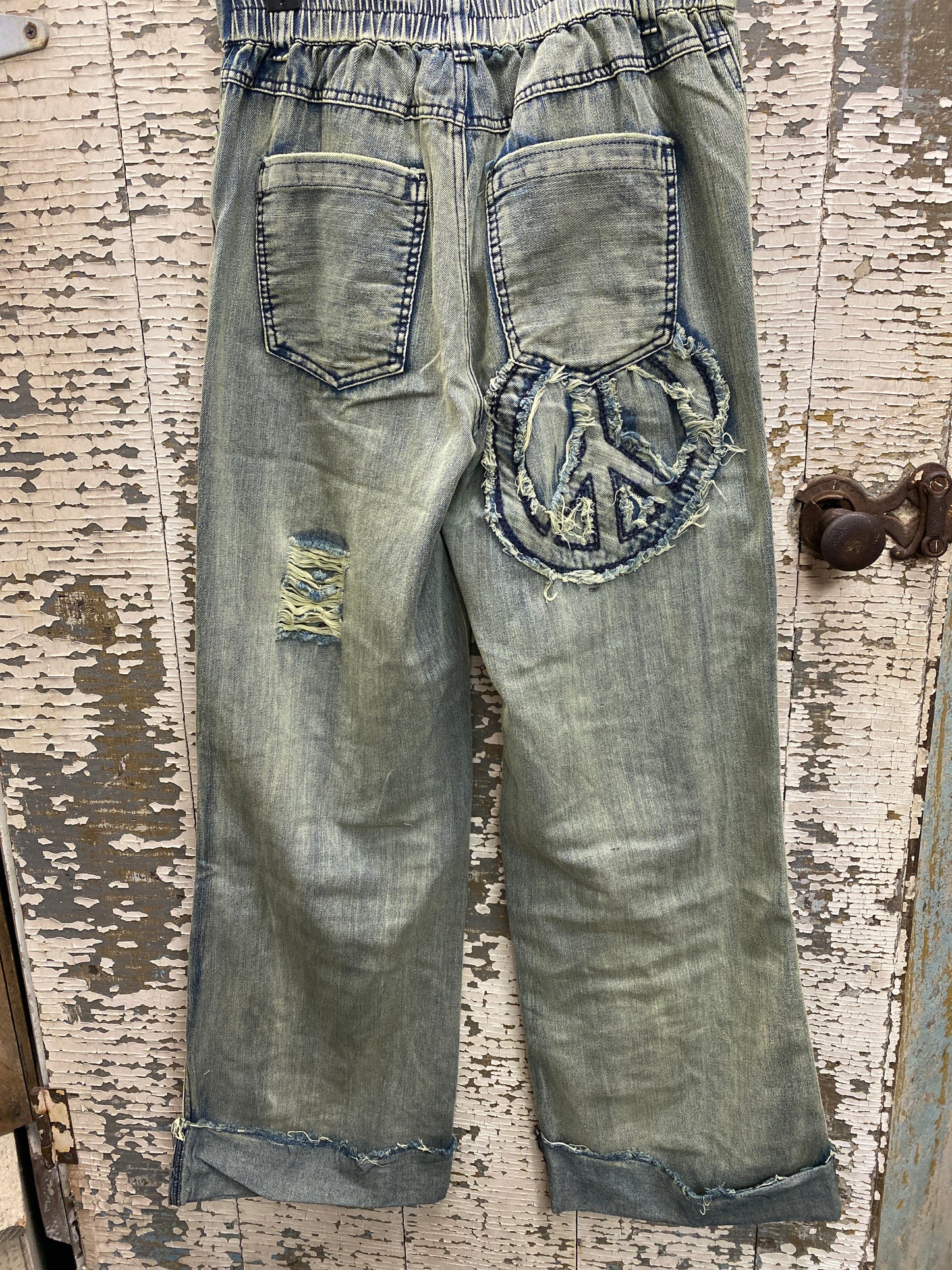 Distressed Patch Peace Denim Pants