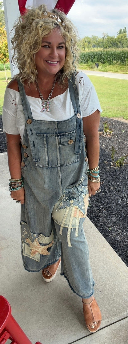 Denim Star Patchwork Bib Overalls