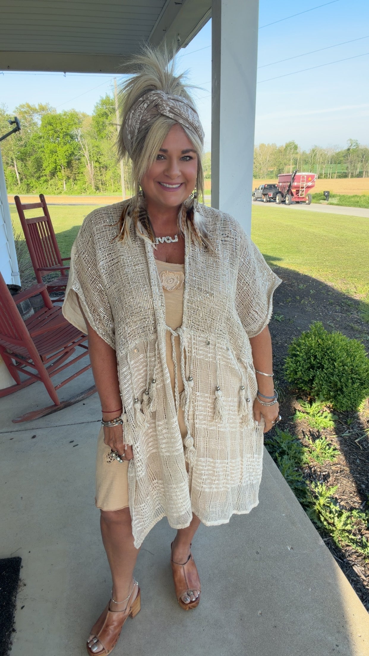 Boho Cotton Short Sleeve Sequin Tassel Midi Cardigan
