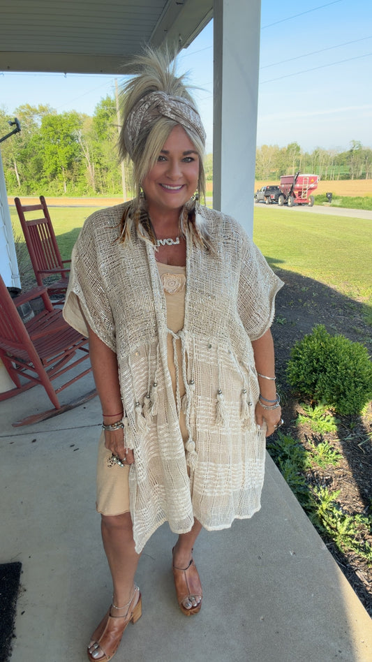 Boho Cotton Short Sleeve Sequin Tassel Midi Cardigan