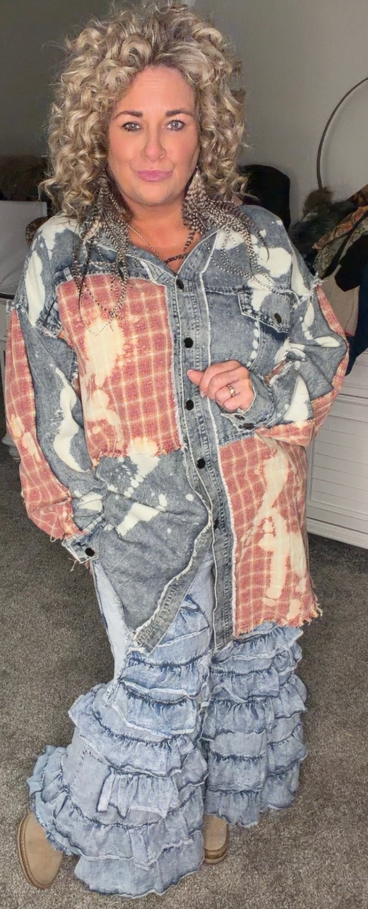 Washed Bleached Denim Plaid Button Front Shacket