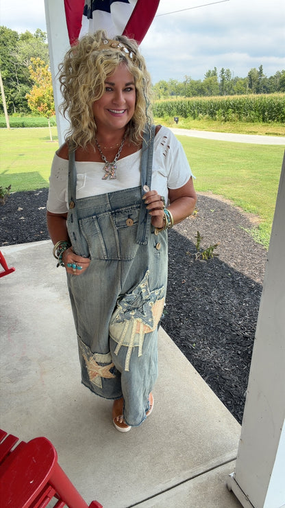 Denim Star Patchwork Bib Overalls