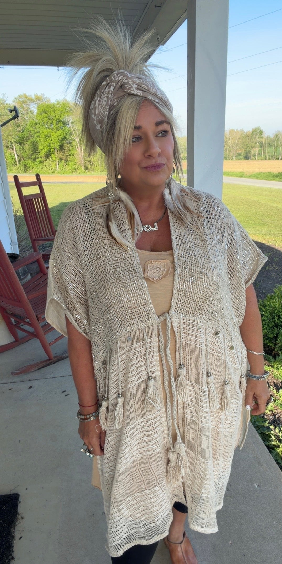 Boho Cotton Short Sleeve Sequin Tassel Midi Cardigan