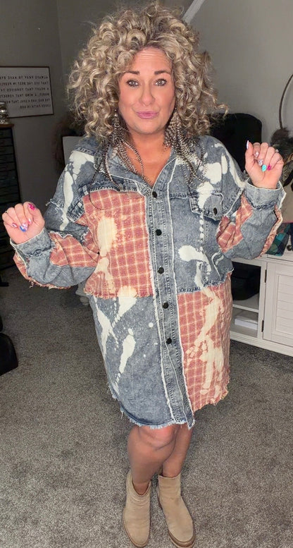 Washed Bleached Denim Plaid Button Front Shacket