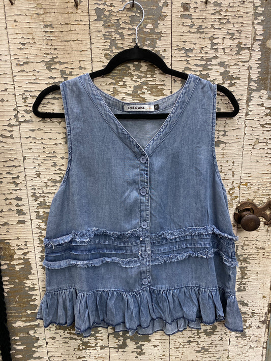 Chambray Vest with Tiered Ruffles