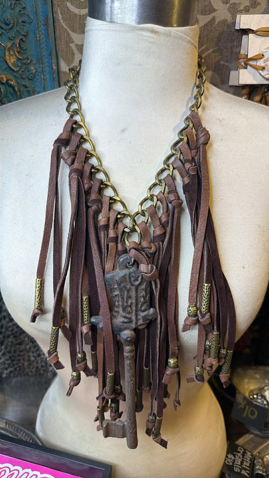 Gold Tone Leather Strappy Necklace FINAL SALE