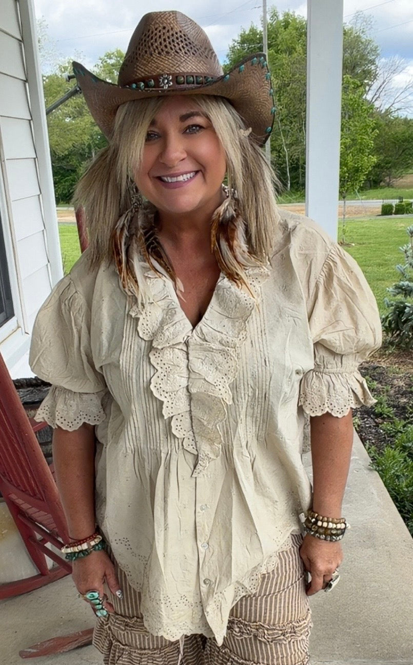 Eyelet Linen Top Cream