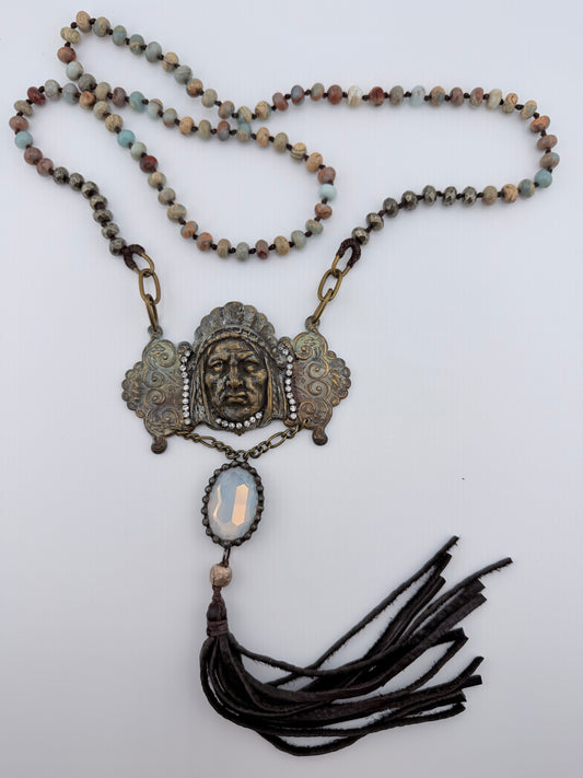 Aged Metal Chief with Tassel Necklace