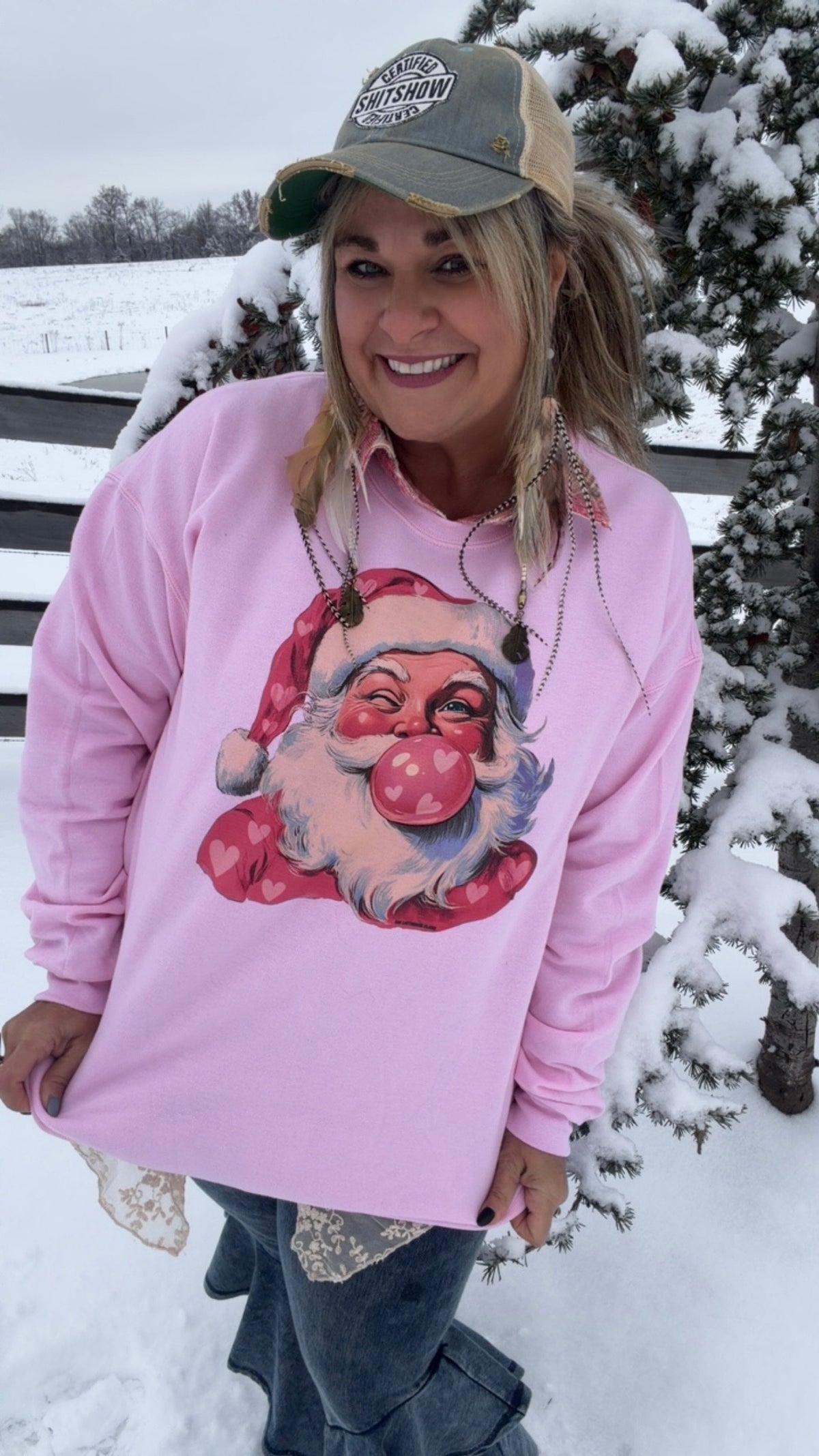 Bubblegum Heart Santa CrewneckFINAL SALE