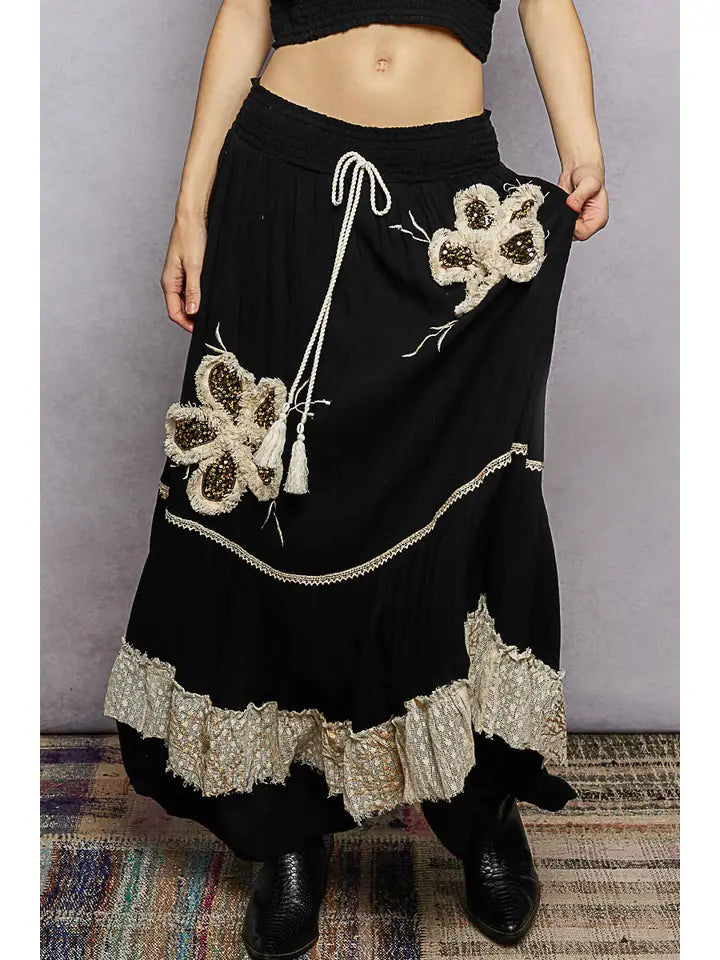 Smocked Waist Ruffle Embroidered Fringe Long Skirt
