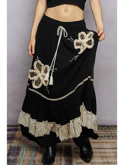 Smocked Waist Ruffle Embroidered Fringe Long Skirt