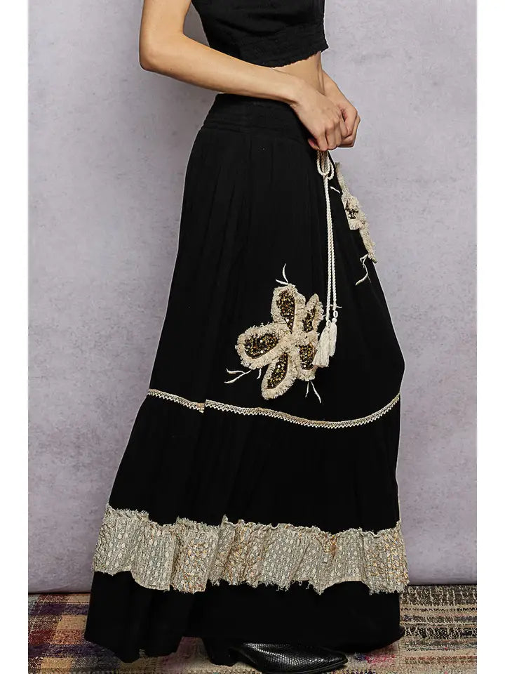 Smocked Waist Ruffle Embroidered Fringe Long Skirt