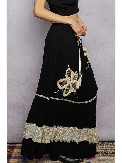 Smocked Waist Ruffle Embroidered Fringe Long Skirt