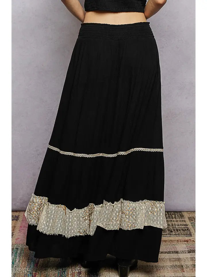 Smocked Waist Ruffle Embroidered Fringe Long Skirt
