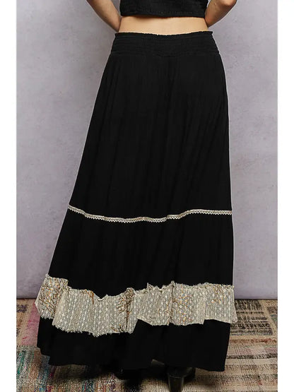 Smocked Waist Ruffle Embroidered Fringe Long Skirt