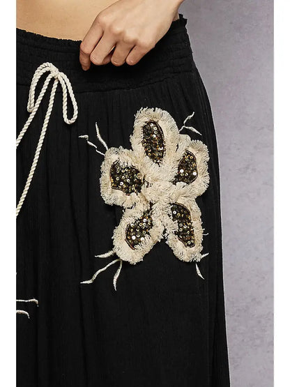 Smocked Waist Ruffle Embroidered Fringe Long Skirt