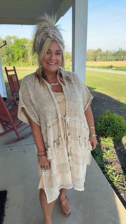 Boho Cotton Short Sleeve Sequin Tassel Midi Cardigan