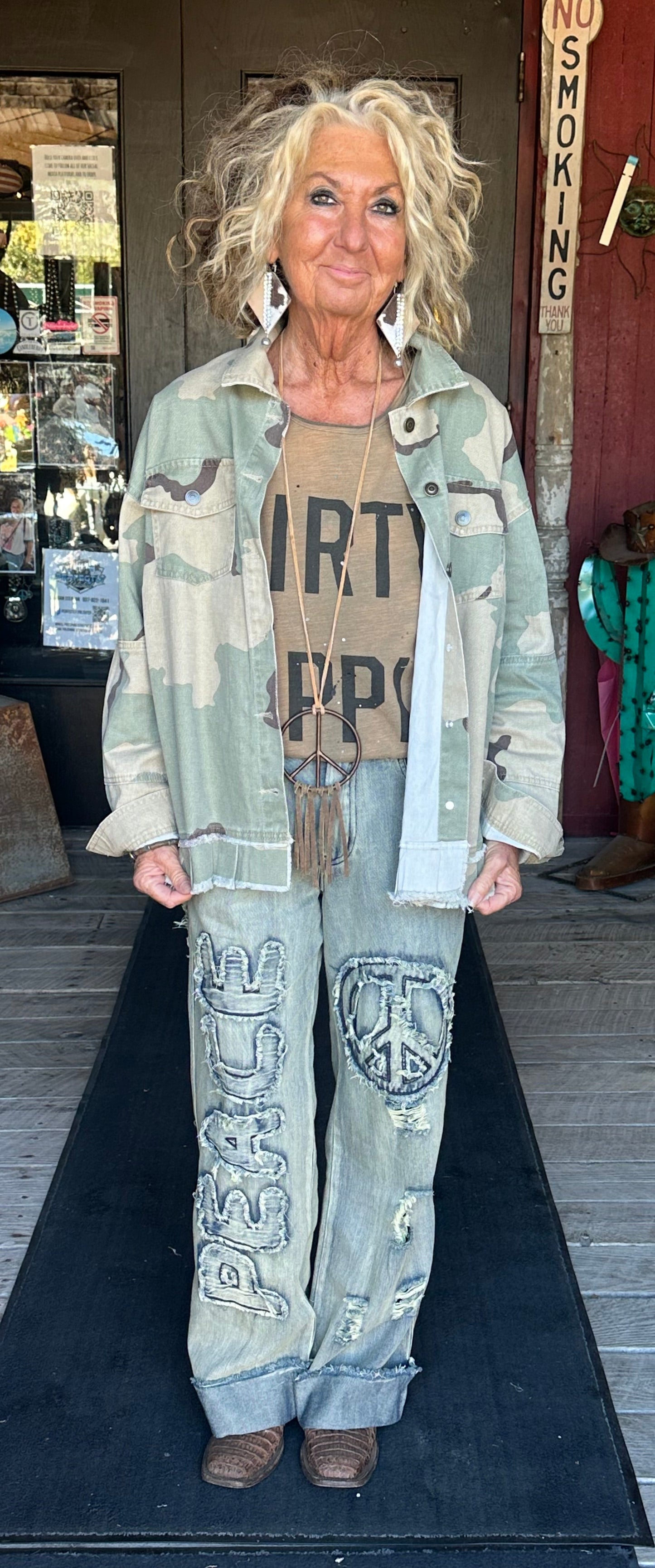 Distressed Patch Peace Denim Pants